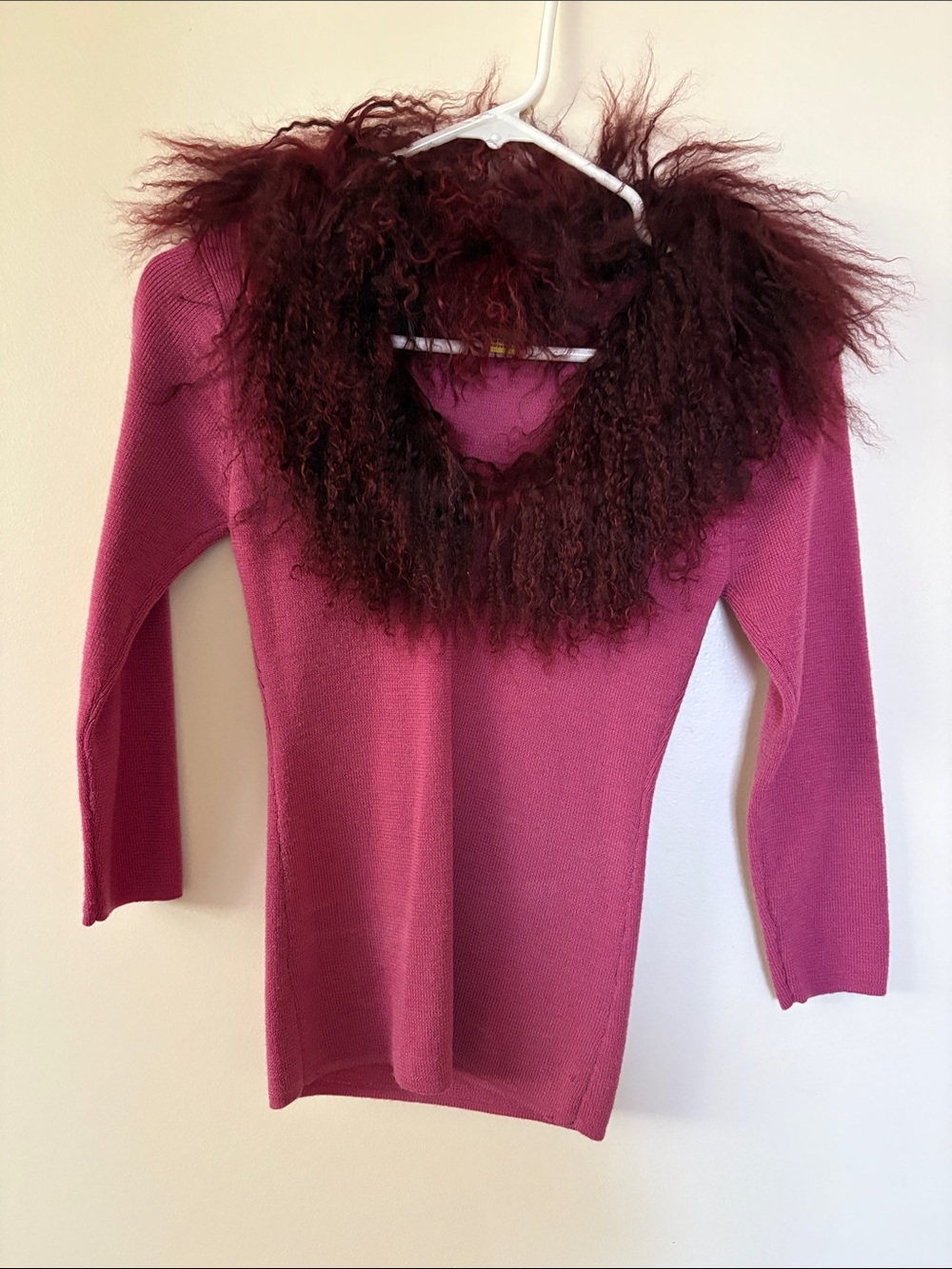 Faux Fur Collar Crewneck Sweater in Berry